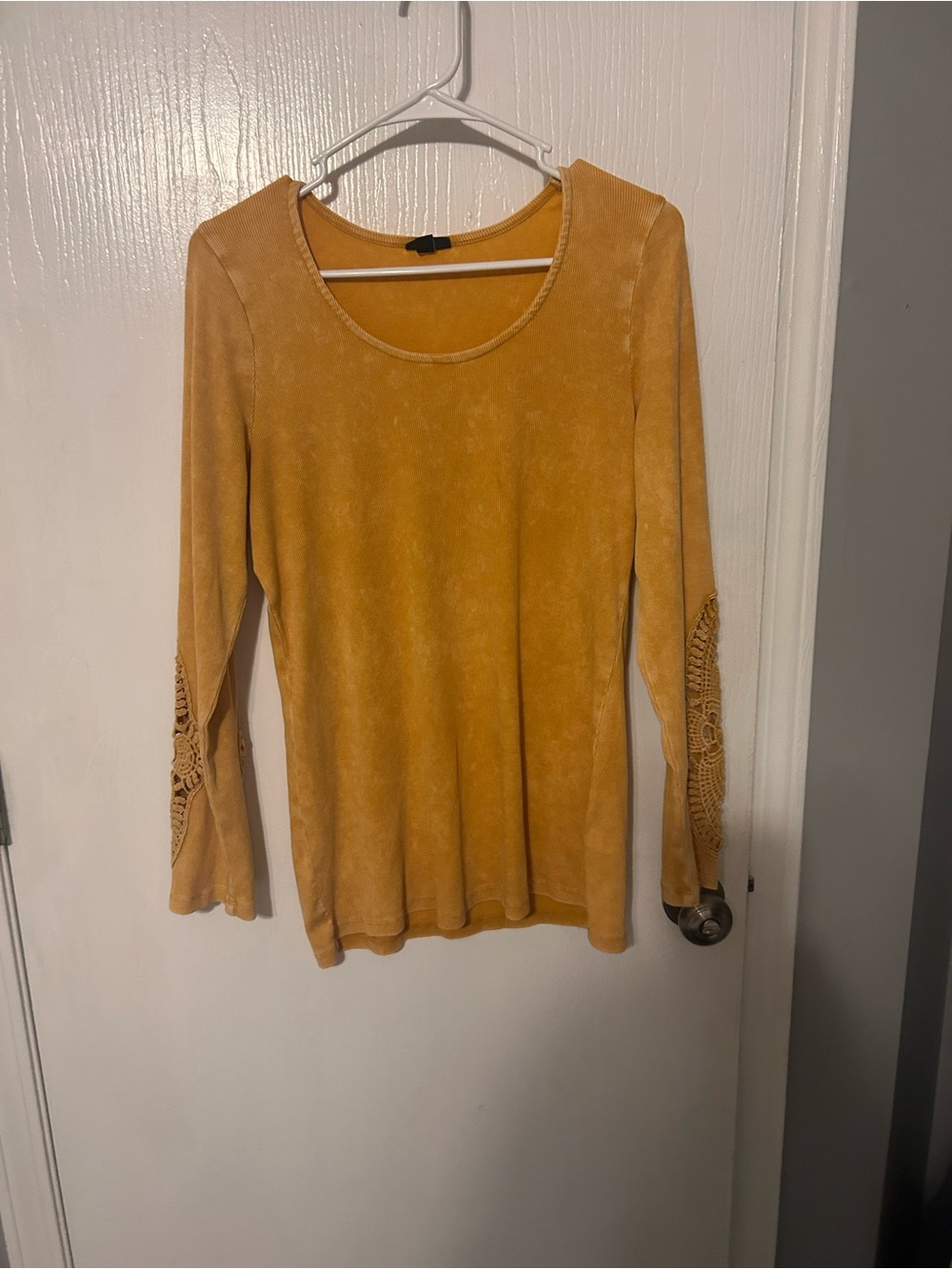 torrid Mustard Scoop Neck Long-Sleeve Top with Crochet Sleeve Detail